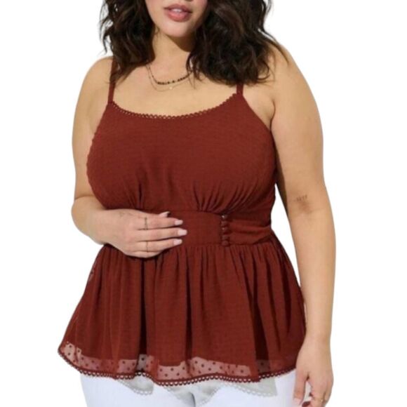 Torrid rust orange mesh polkadot peplum top - Picture 1 of 6